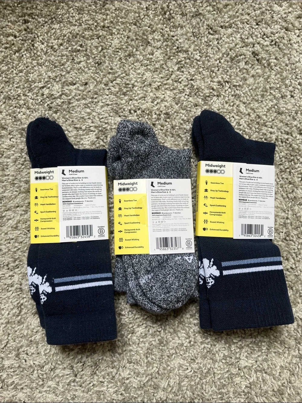 Bombas Men's Athletic Crew Socks in Black and Heather Gray (3-Pack) - Medium